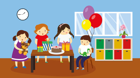 Happy family celebrating birthday at home. Mother, father and children in the room. Vector illustrationのイラスト素材