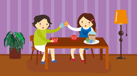 Couple sitting at the table with cupcakes. Vector illustration.のイラスト素材