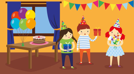 Birthday party with girl and boy. Vector illustration in flat styleのイラスト素材