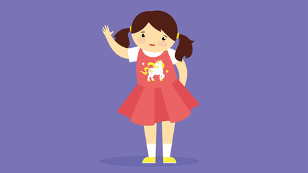 Little girl in a red dress waving her hand. Vector illustration.のイラスト素材