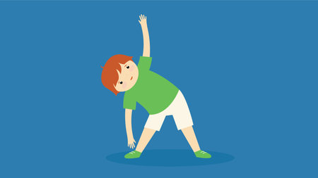 Boy doing exercise. Vector illustration in flat cartoon style on blue background.のイラスト素材