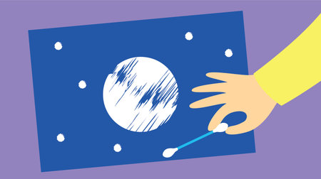 Illustration of a hand holding a paintbrush with a moon in the backgroundのイラスト素材