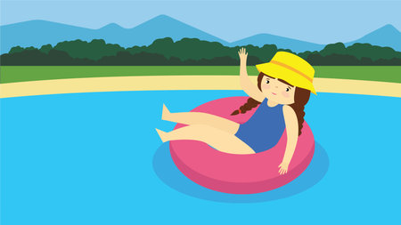 Girl floating on inflatable ring in swimming pool. Vector illustration.のイラスト素材