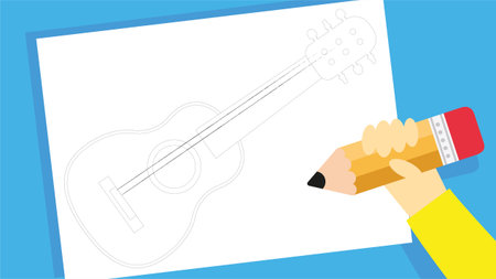 Illustration of a hand holding a pencil and a guitar on a white backgroundのイラスト素材
