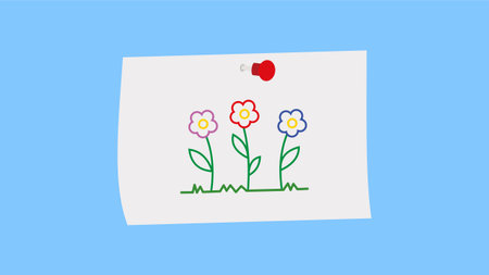 Illustration of a postcard with flowers and a heart on a blue backgroundのイラスト素材