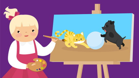 Little girl painting on easel with cat and dog vector illustration.のイラスト素材