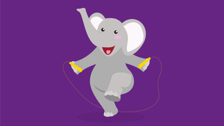 Elephant jumping with a skipping rope. Vector illustration on purple background.のイラスト素材