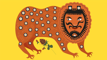 Illustration of a lion with a bouquet of flowers on a yellow backgroundのイラスト素材