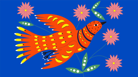 Illustration of a red fish on a blue background with flowers.