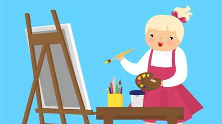 Little girl painting a picture in her studio. Flat design vector illustration.のイラスト素材