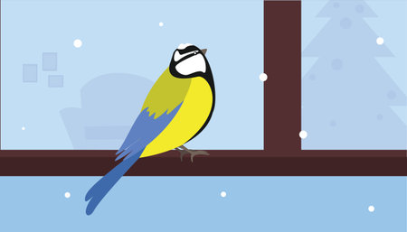 Blue tit on the windowsill. Vector illustration in flat style.のイラスト素材