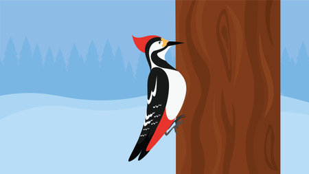 Woodpecker on a tree in the forest. Vector illustration.のイラスト素材