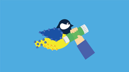 Making a tit from a button and beads. Hand with glue. Vector illustration.のイラスト素材