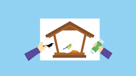 Feeding birds in a bird feeder. Flat design vector illustration.のイラスト素材