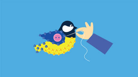 Making a tit from a button and beads. Hand with needle. Vector illustration.のイラスト素材