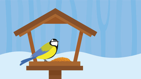 Illustration of a bird sitting in a bird feeder in winterのイラスト素材