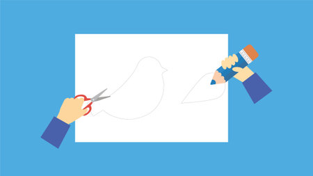 Hand holding paintbrush and painting a bird. Flat design vector illustration.のイラスト素材
