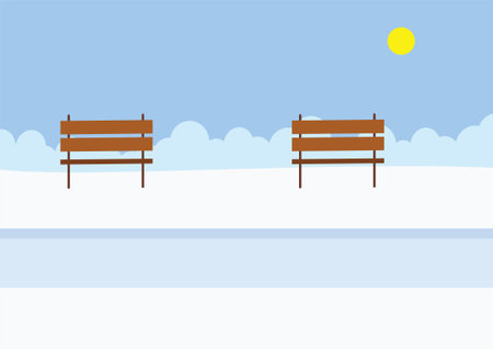 Wooden bench in the snow. Vector illustration in flat style.のイラスト素材