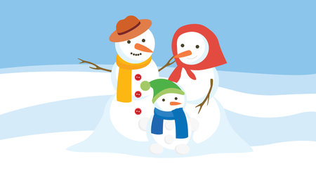 Snowman family with child on winter background. Vector illustration in flat style.のイラスト素材