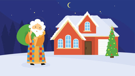 Santa Claus standing in front of the house at night. Vector illustrationのイラスト素材