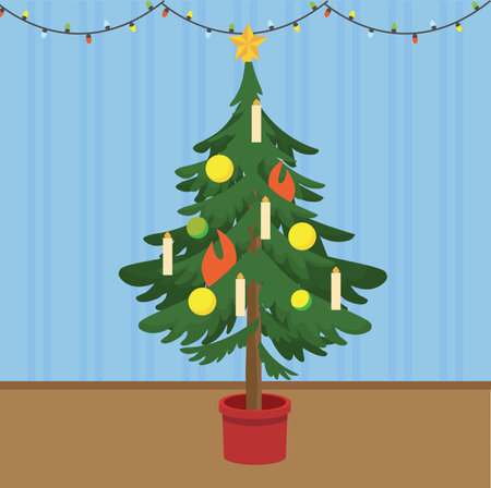 Christmas tree with a garland. Vector illustration in flat style.のイラスト素材