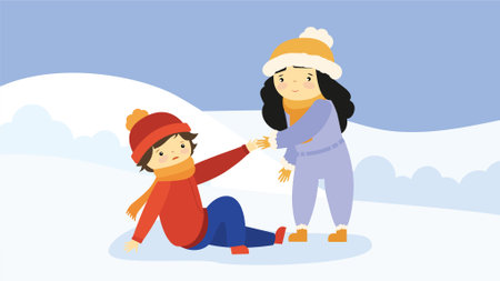 Mother and son playing in the snow. Vector illustration in flat styleのイラスト素材