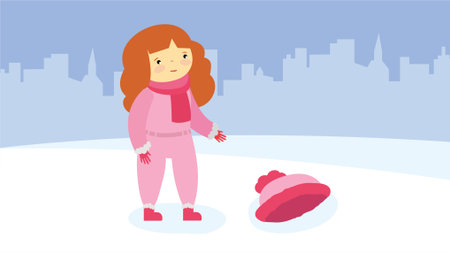 Vector illustration of a girl with red hair in winter clothes on the background of the city.のイラスト素材