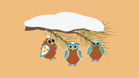Cute owls on a pine branch. Vector illustration in cartoon style.のイラスト素材