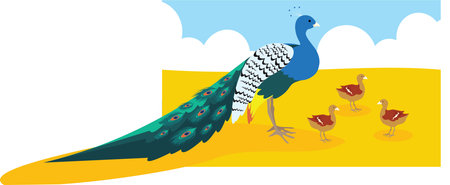 Peacock with chicks on the background of the sky. Vector illustrationのイラスト素材