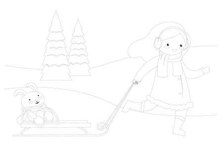 Vector illustration of a little girl with a sled and a rabbit.のイラスト素材