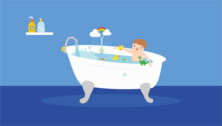 Boy taking a bath with foam and bubbles. Flat style vector illustration.のイラスト素材