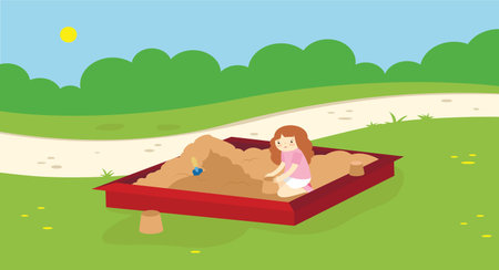 Little girl playing in the sandbox. Vector illustration in flat style.のイラスト素材