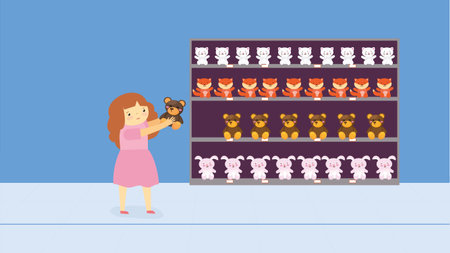 Cute little girl shopping in pet shop. Vector illustration in flat styleのイラスト素材