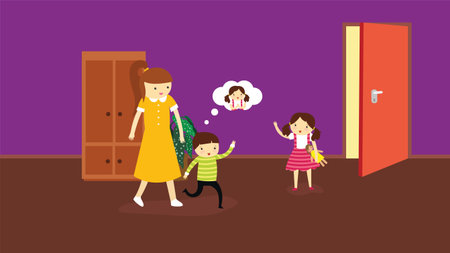 mother and children in the room with the door open. vector illustrationのイラスト素材