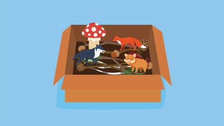 Fungus, mushrooms and fox in a cardboard box. Vector illustration.
