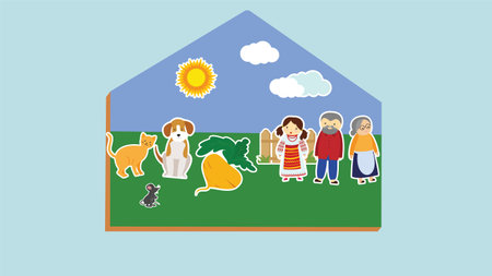 Illustration of a family and a dog in the shape of a houseのイラスト素材