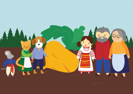 group of old people with dog and cat in the garden vector illustration design, illustration of a fairy tale about a turnipのイラスト素材