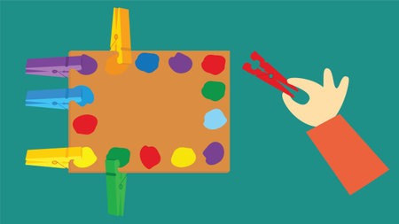 Hand holding a palette of paints. Flat design. Vector illustration.のイラスト素材