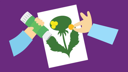 Hands holding glue over a leaf with a dandelion. Vector illustrationのイラスト素材