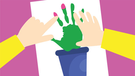 Hands holding a pot with a handprint. Vector illustration.のイラスト素材