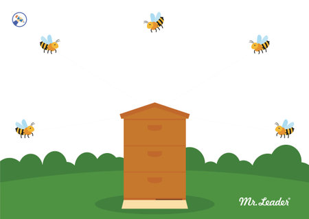 Bee hive with bees flying around. Vector illustration in flat style.のイラスト素材