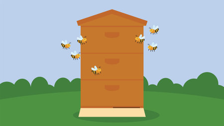 Bee hive with bees flying in the garden. Apiary. Vector illustrationのイラスト素材