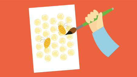 Hand of a painter painting a picture with bees. Vector illustration.のイラスト素材