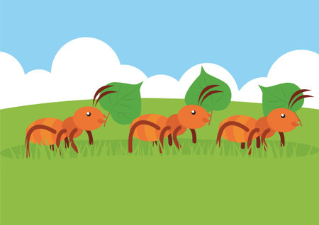 Ants on a green meadow. Vector illustration in flat styleのイラスト素材
