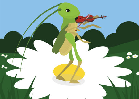 Green frog playing the violin in the meadow. Vector illustration.のイラスト素材