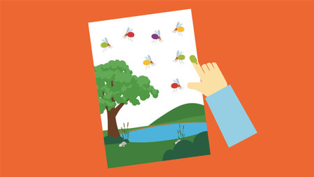 Vector illustration of a hand holding a picture of a fly and a treeのイラスト素材