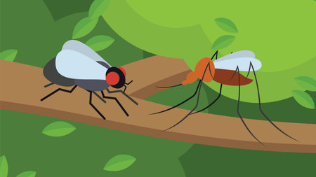 Mosquito on the branch. Vector illustration in flat style.のイラスト素材