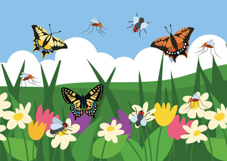 Flower meadow with butterflies and insects. Vector illustration in flat style.のイラスト素材