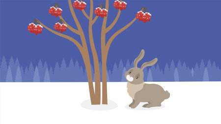 Rabbit and rowan berry in the winter forest. Vector illustrationのイラスト素材