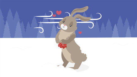 Rabbit in the winter forest with a red heart. Vector illustrationのイラスト素材